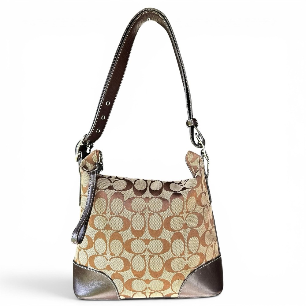 Vintage Y2K Coach Tan Brown Monogram Jacquard Hobo Shoulder Bag Canvas Leather